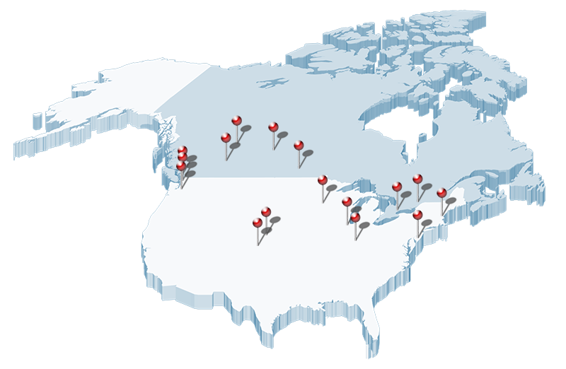 A graphic of North America, with Pleasant Solutions locations marked